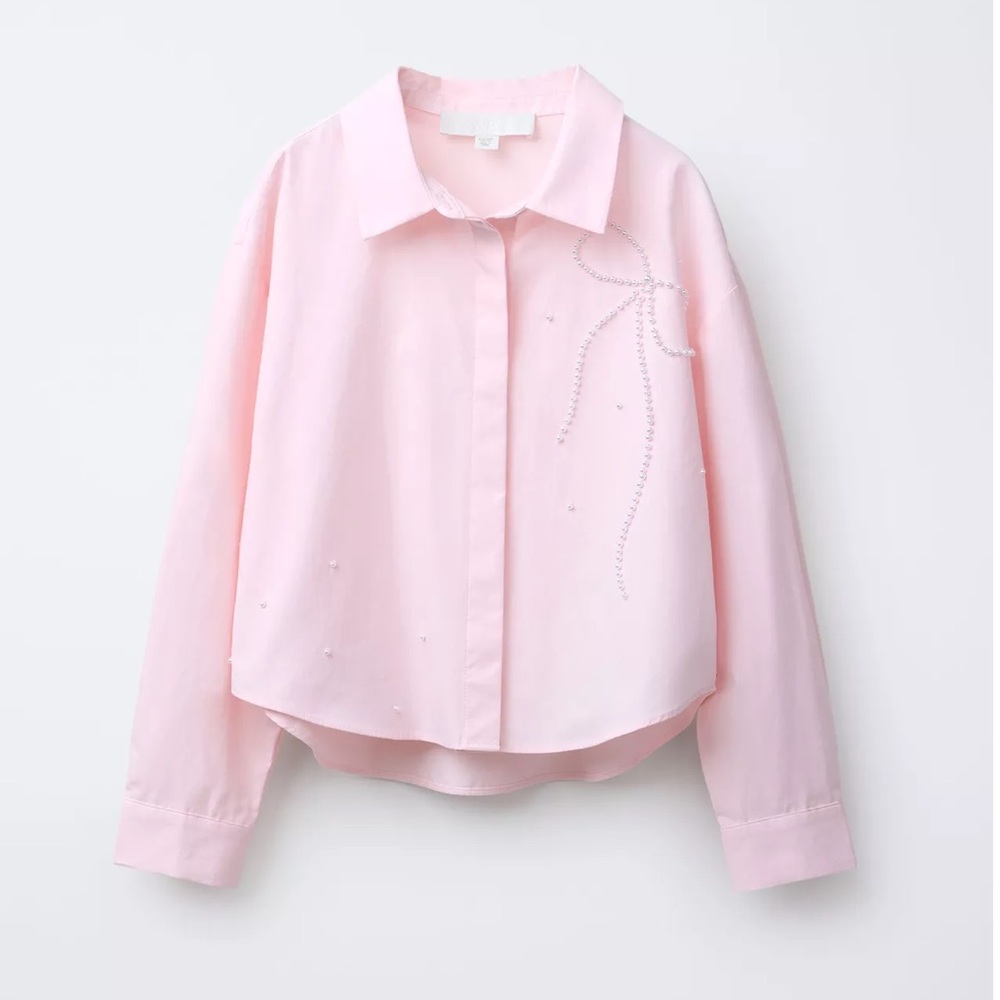 Zara Pink Pearl Bow Beaded Poplin Button-Up Shirt 8-9Y
